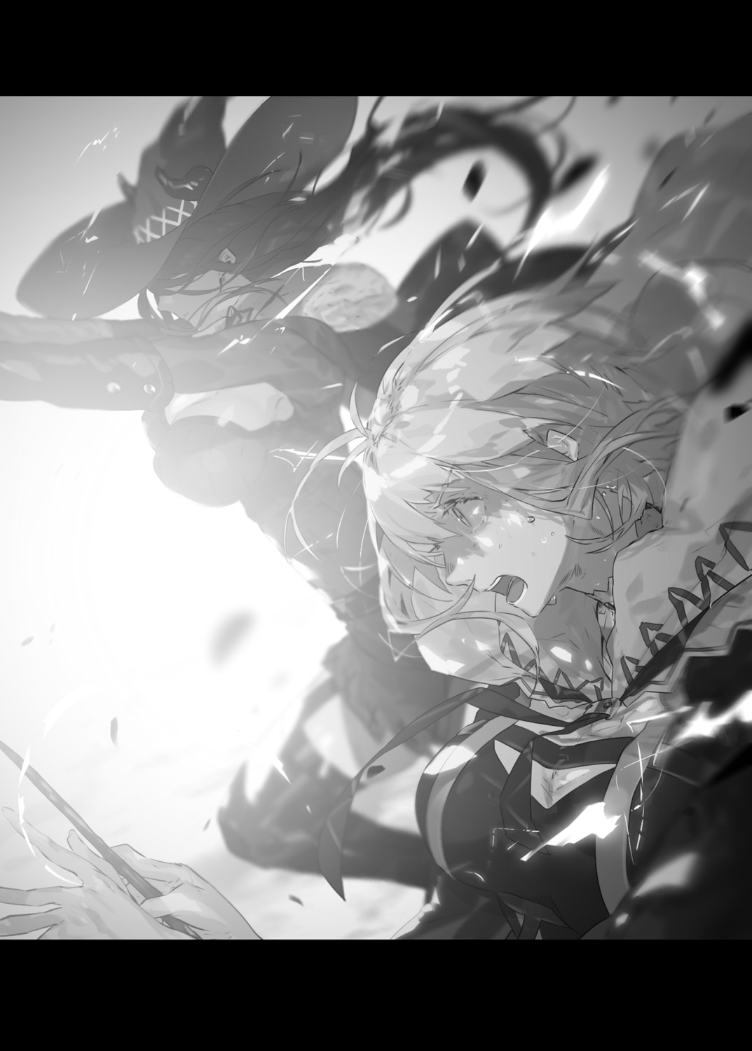 hai_to_gensou_no_grimgar, mimori_(grimgar), monochrome, shihoru, shirai_eiri