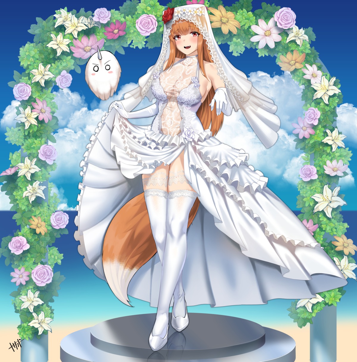 animal_ears, dress, garter, holo, kisaragi_tsurugi, no_bra, see_through, skirt_lift