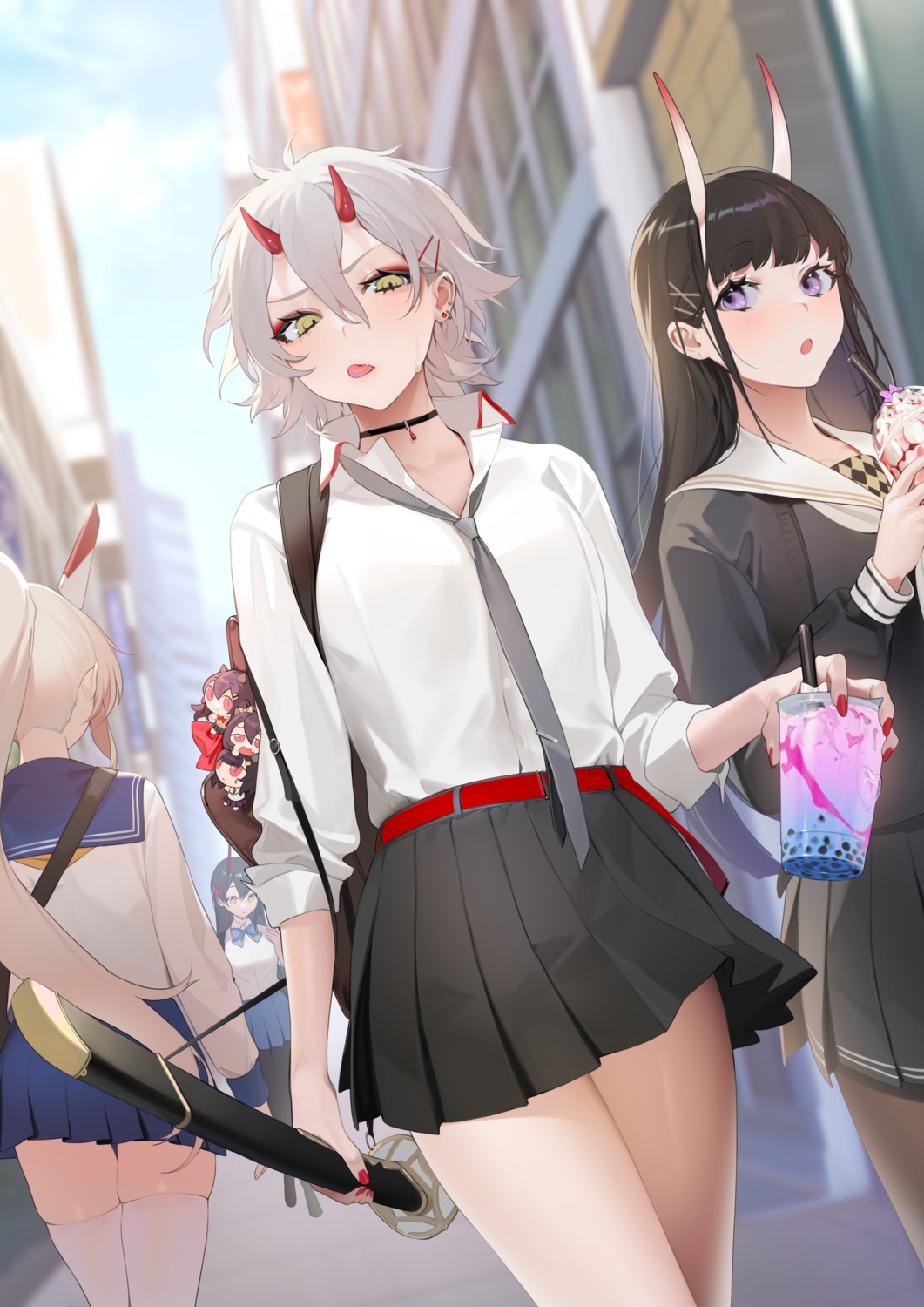 ayanami_(azur_lane), azur_lane, chibi, horns, kinu_(azur_lane), noshiro_(azur_lane), ohisashiburi, pantyhose, seifuku, suzuya_(azur_lane), sword, thighhighs