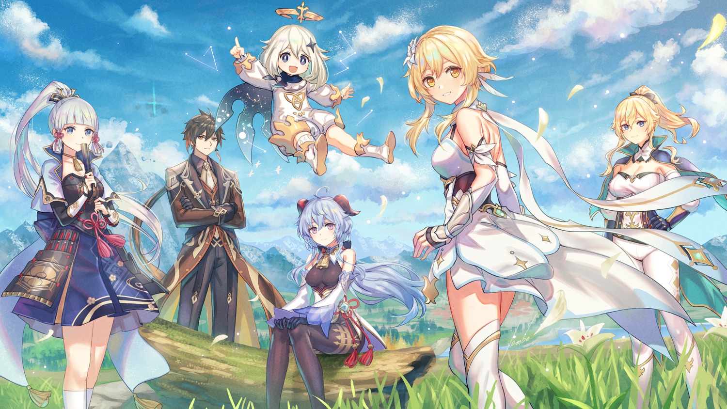 ambe_yoshiro, armor, asian_clothes, ganyu, genshin_impact, horns, japanese_clothes, jean_gunnhildr
