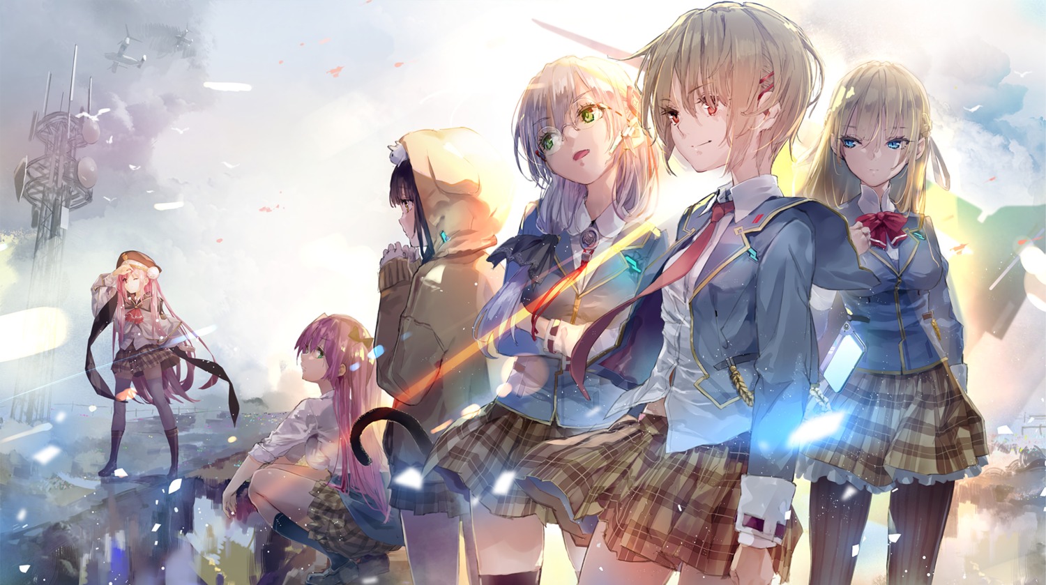 aikawa_megumi, asakura_karen_(heaven_burns_red), breast_hold, heaven_burns_red, izumi_yuki, kayamori_ruka, key, kunimi_tama