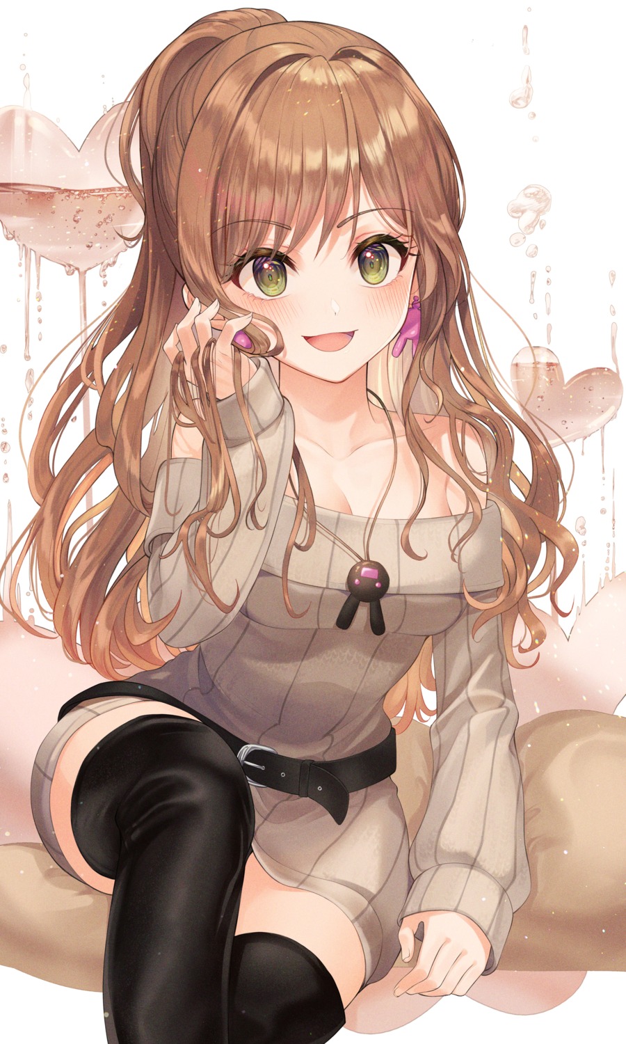 bang_dream!, bang_dream!_episode_of_roselia, cleavage, dress, imai_lisa, liso, no_bra, skirt_lift, sweater, thighhighs