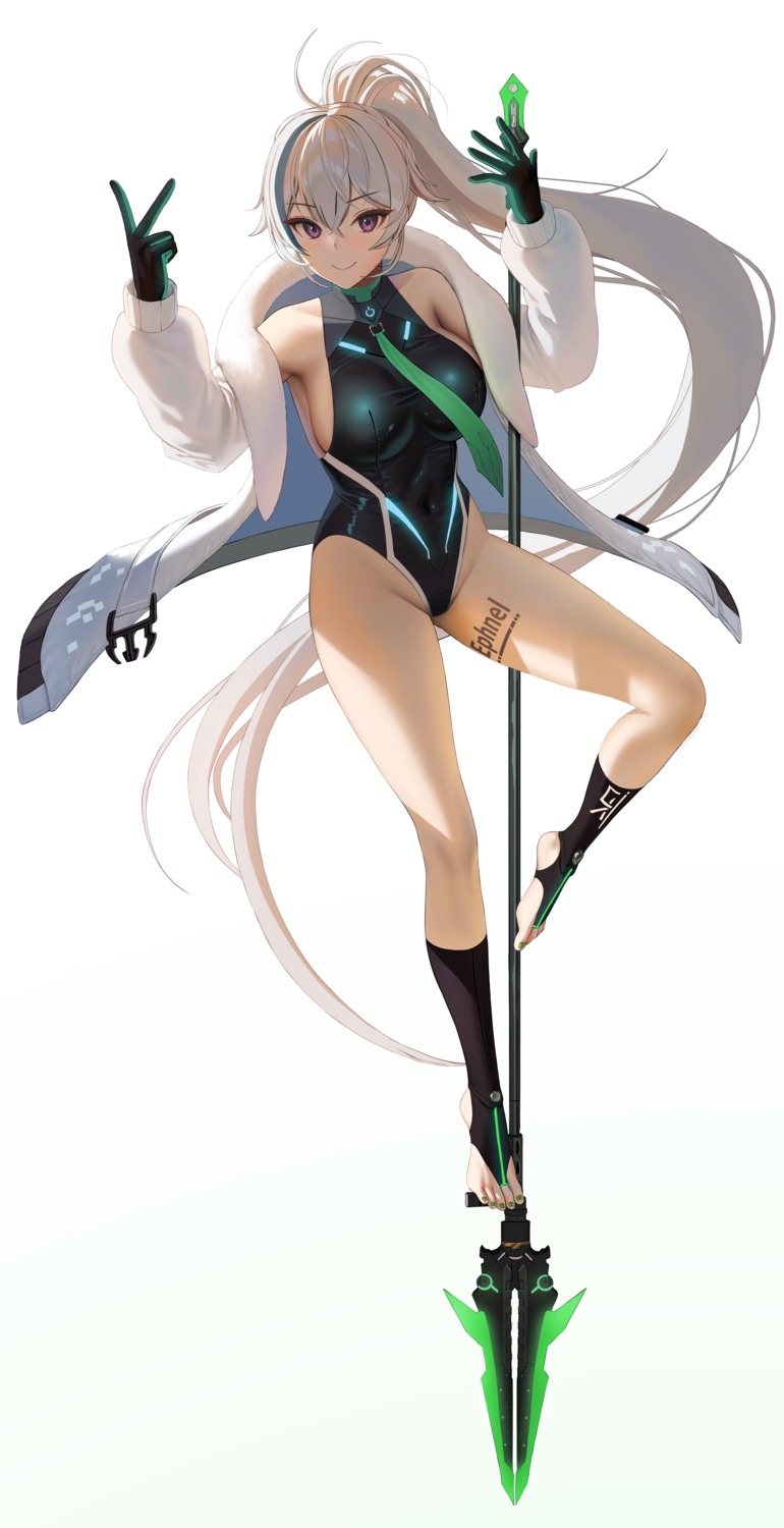 ephnel, feet, leotard, myabit, no_bra, soul_worker, tattoo, weapon