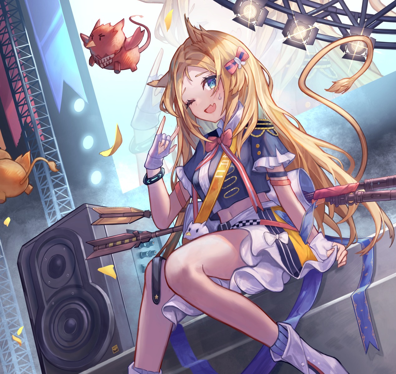 animal_ears, archetto_(arknights), arknights, pixerite, skirt_lift, tail, uniform, weapon