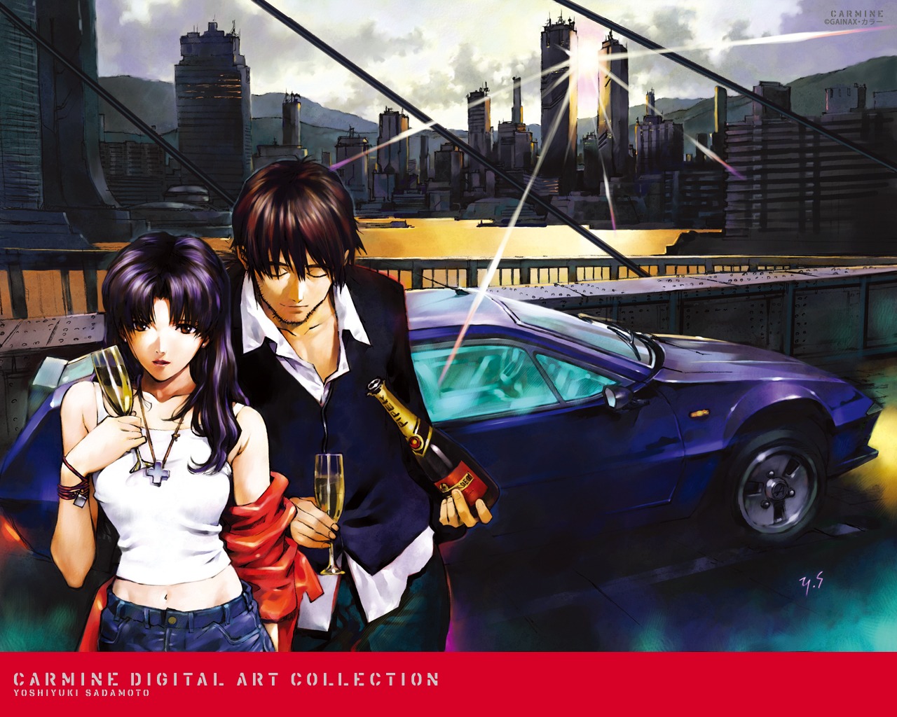 kaji_ryouji, katsuragi_misato, neon_genesis_evangelion, sadamoto_yoshiyuki, wallpaper