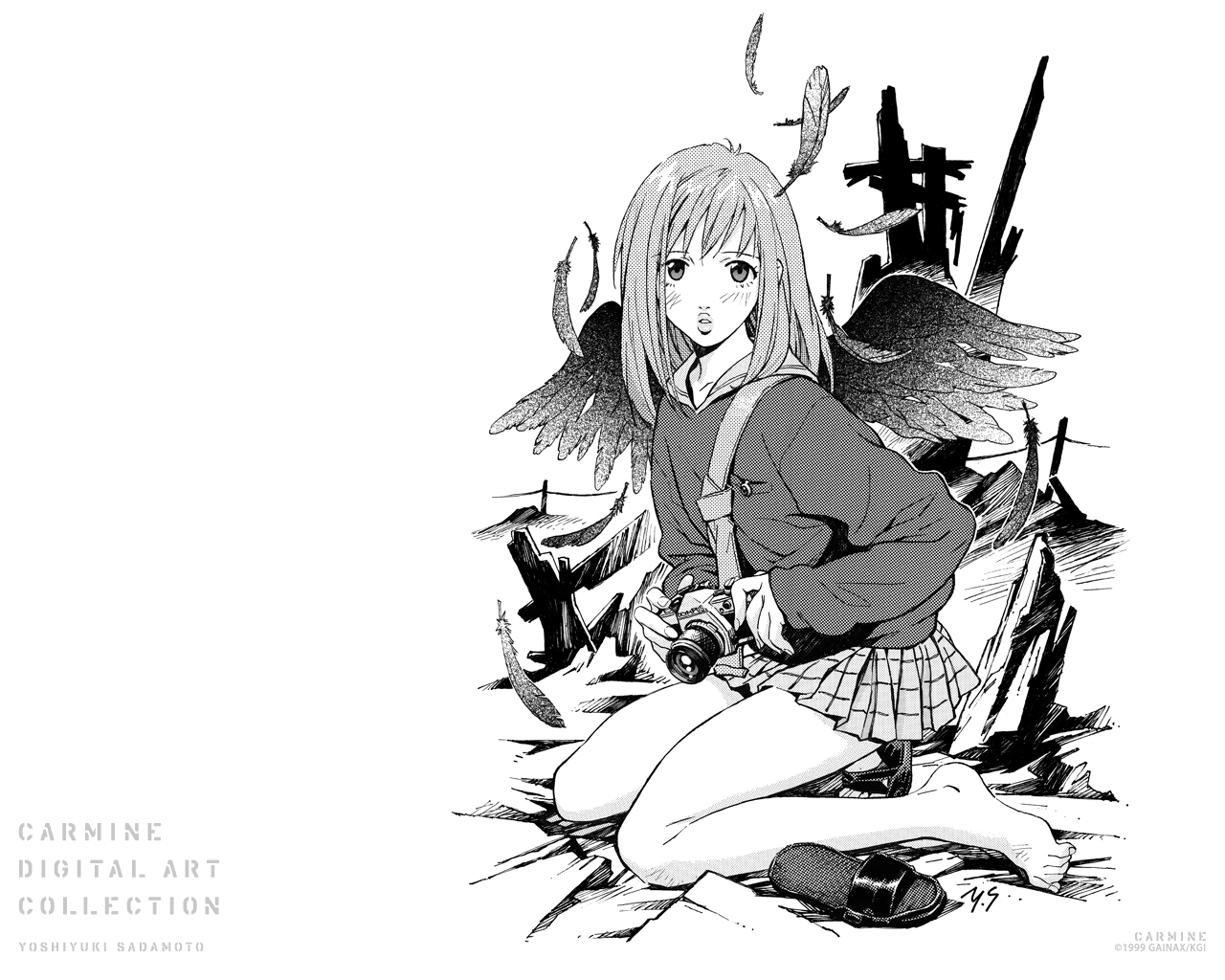 flcl, monochrome, sadamoto_yoshiyuki, samejima_mamimi, wallpaper