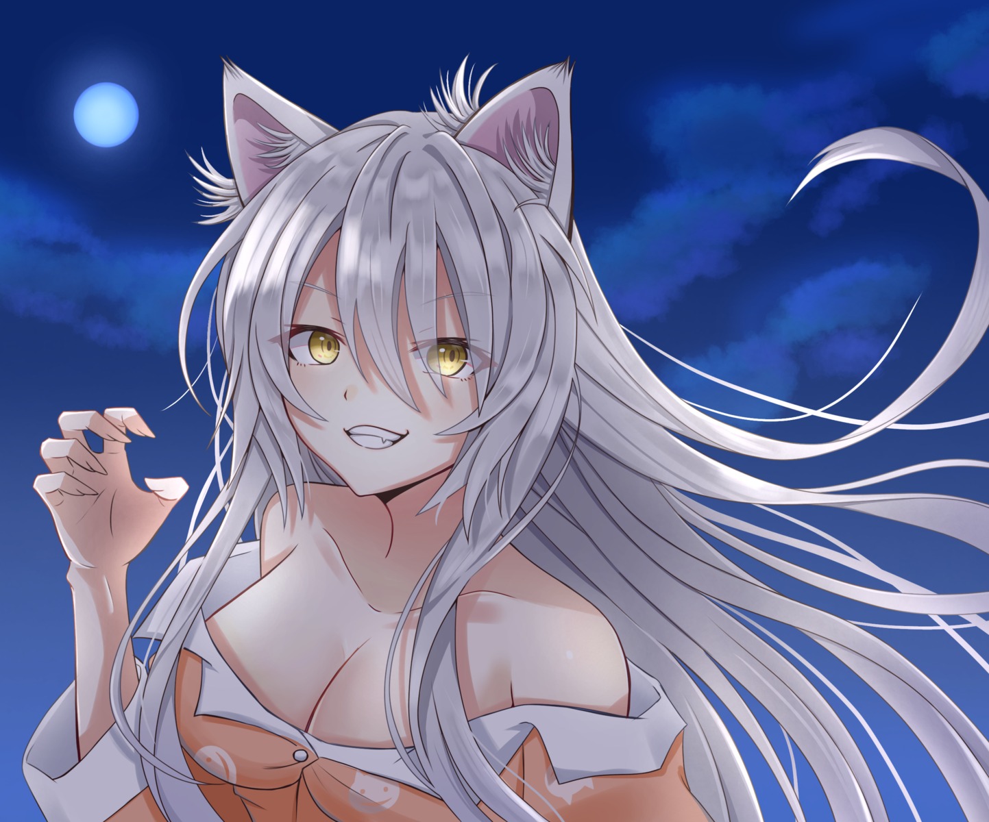 animal_ears, black_hanekawa, cleavage, hanekawa_tsubasa, mirumiru, monogatari_(series), nekomimi, no_bra, open_shirt, pajama
