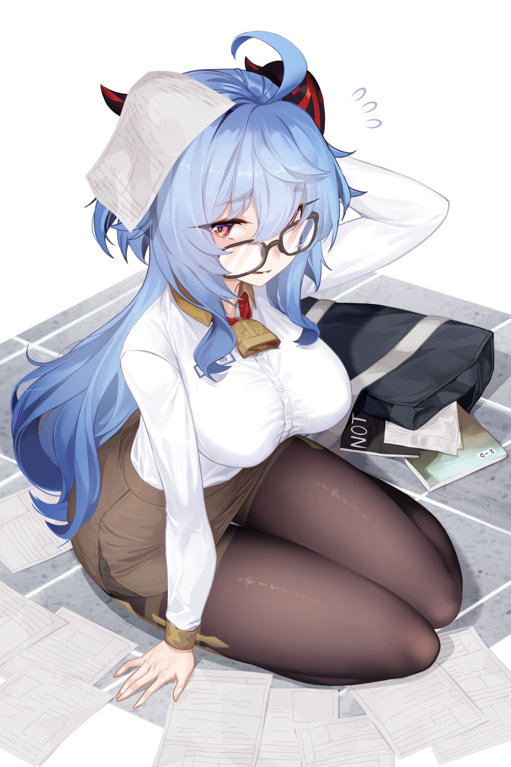 dev, ganyu, genshin_impact, horns, megane, pantyhose, seifuku, skirt_lift