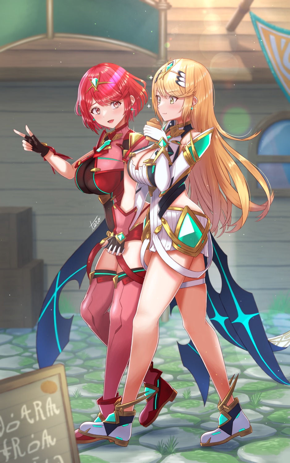 bodysuit, cleavage, garter, hikari_(xenoblade_2), homura_(xenoblade_2), taro_(pixiv34317323), thighhighs, xenoblade_(series), xenoblade_2