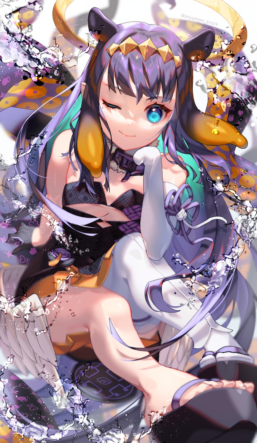 angel, anywhere_knock, dress, garter, hololive, hololive_english, japanese_clothes, ninomae_ina'nis, no_bra, pointy_ears, skirt_lift, tentacles, thighhighs, wings