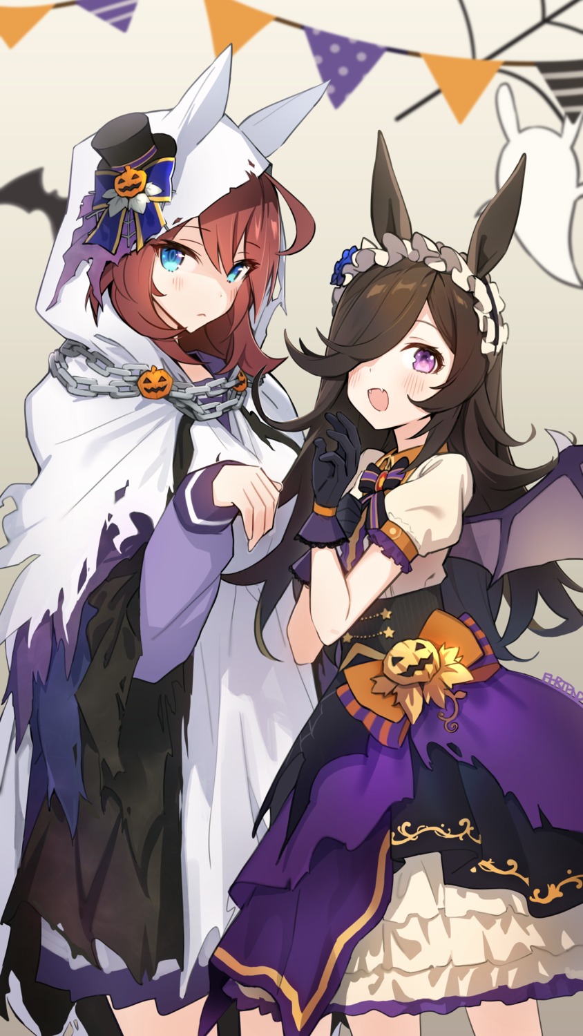animal_ears, dress, fpanda, halloween, mihono_bourbon_(umamusume), rice_shower_(umamusume), torn_clothes, uma_musume_pretty_derby