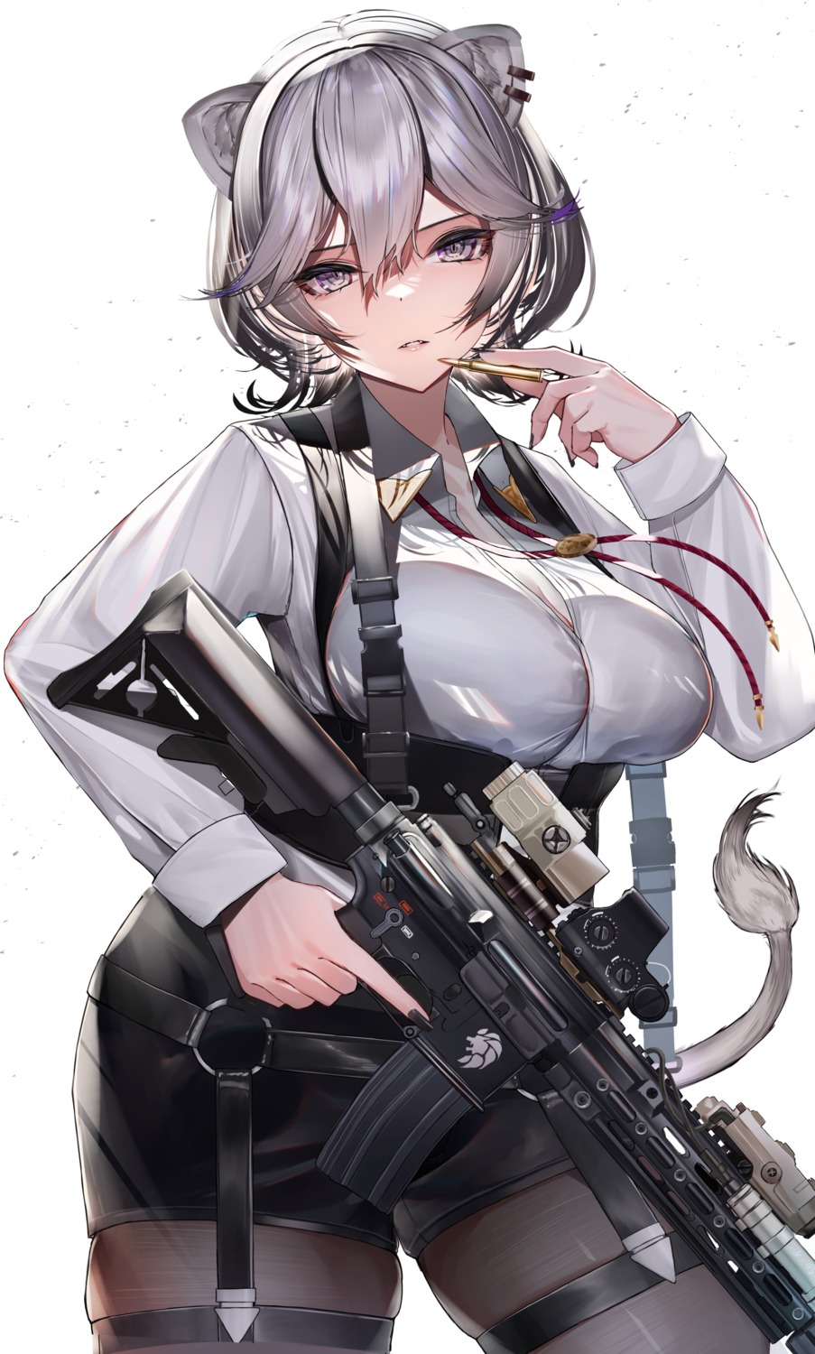 animal_ears, garter, gun, hololive, lamium_(artist), pantyhose, shishiro_botan, tail