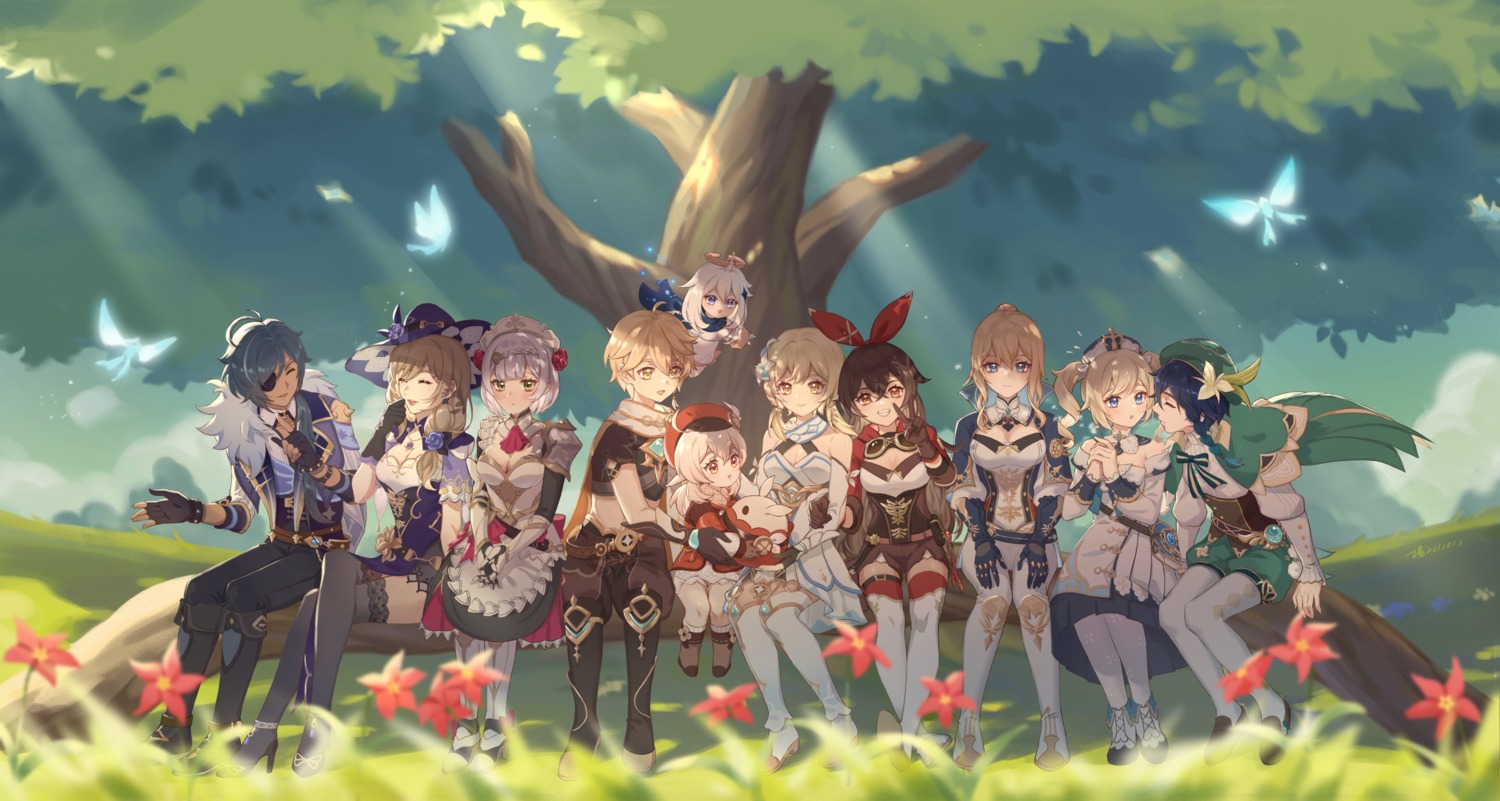 cleavage, eyepatch, genshin_impact, maid, pantyhose, shixue_shaonu_lao, thighhighs, witch