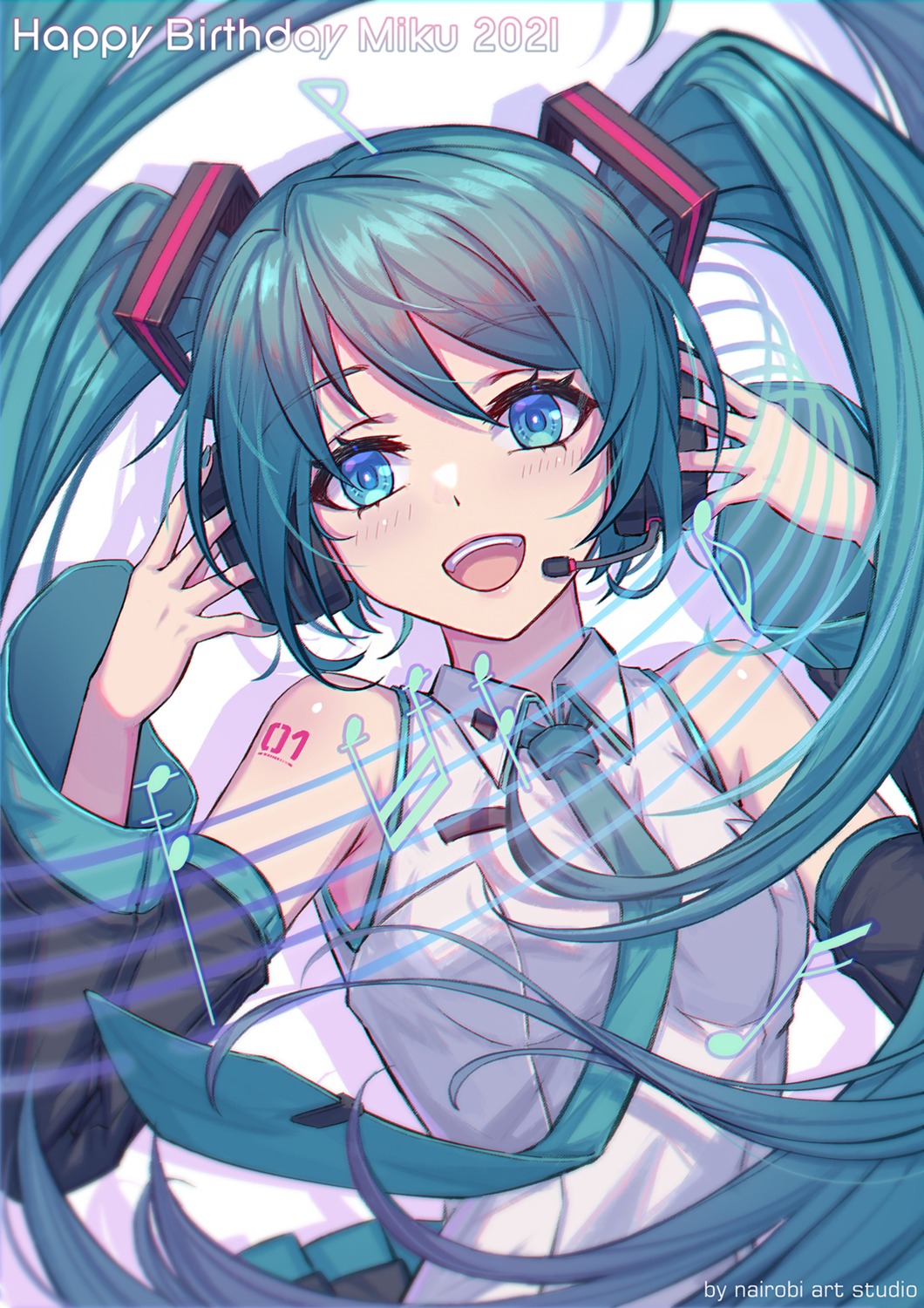 hatsune_miku, headphones, nairobi_song, tattoo, vocaloid