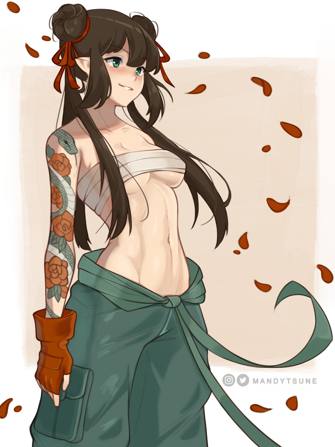 mandytsune, pointy_ears, sarashi, tattoo