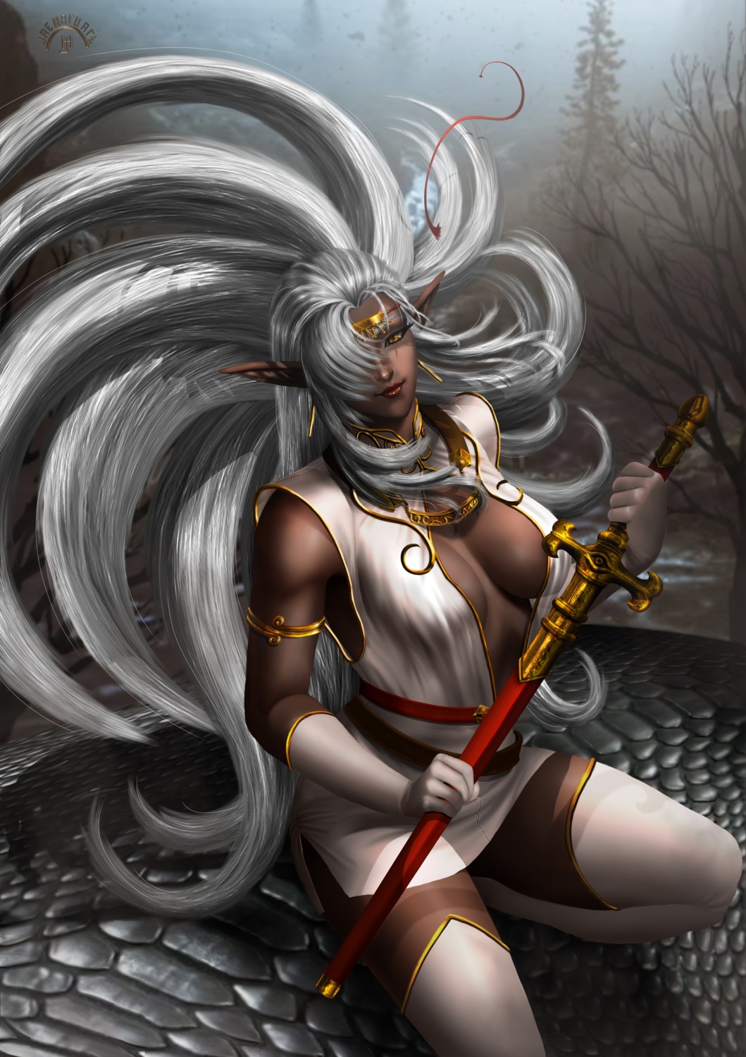 dress, elf, jaeharuart, no_bra, open_shirt, pirotess, pointy_ears, record_of_lodoss_war