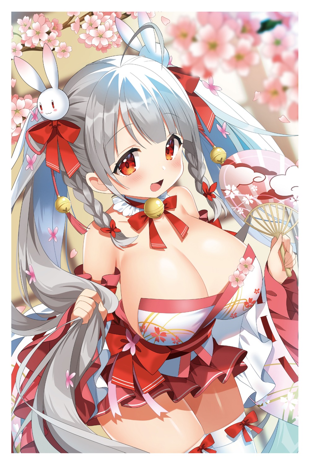 cleavage, japanese_clothes, kurot, no_bra, thighhighs