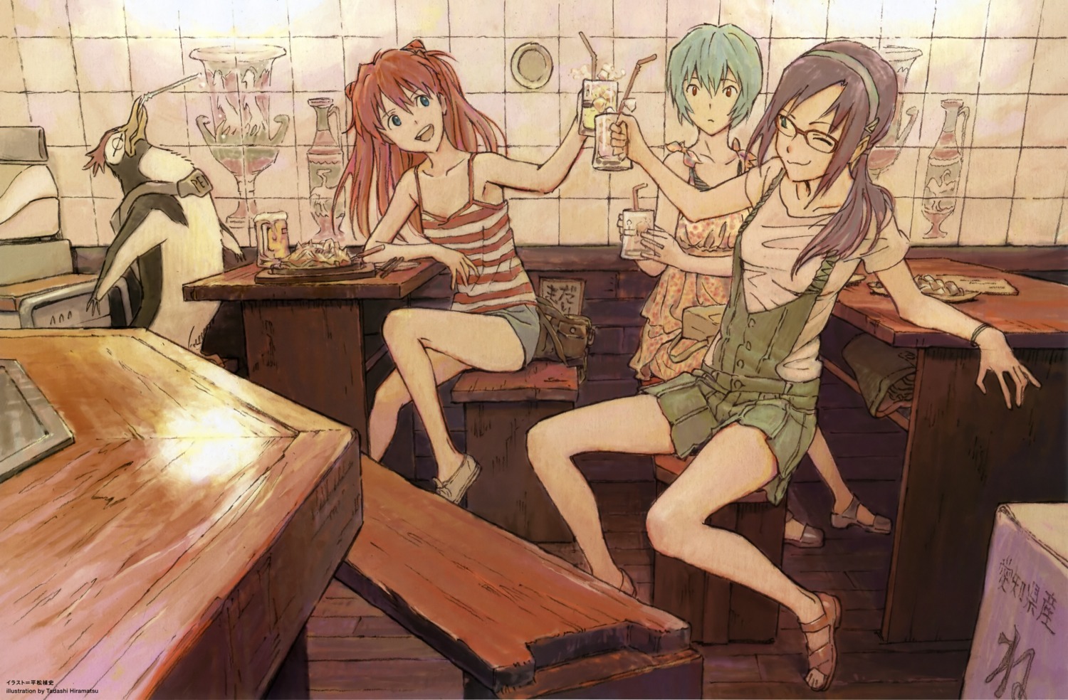 ayanami_rei, hiramatsu_tadashi, makinami_mari_illustrious, neon_genesis_evangelion, penguin, souryuu_asuka_langley