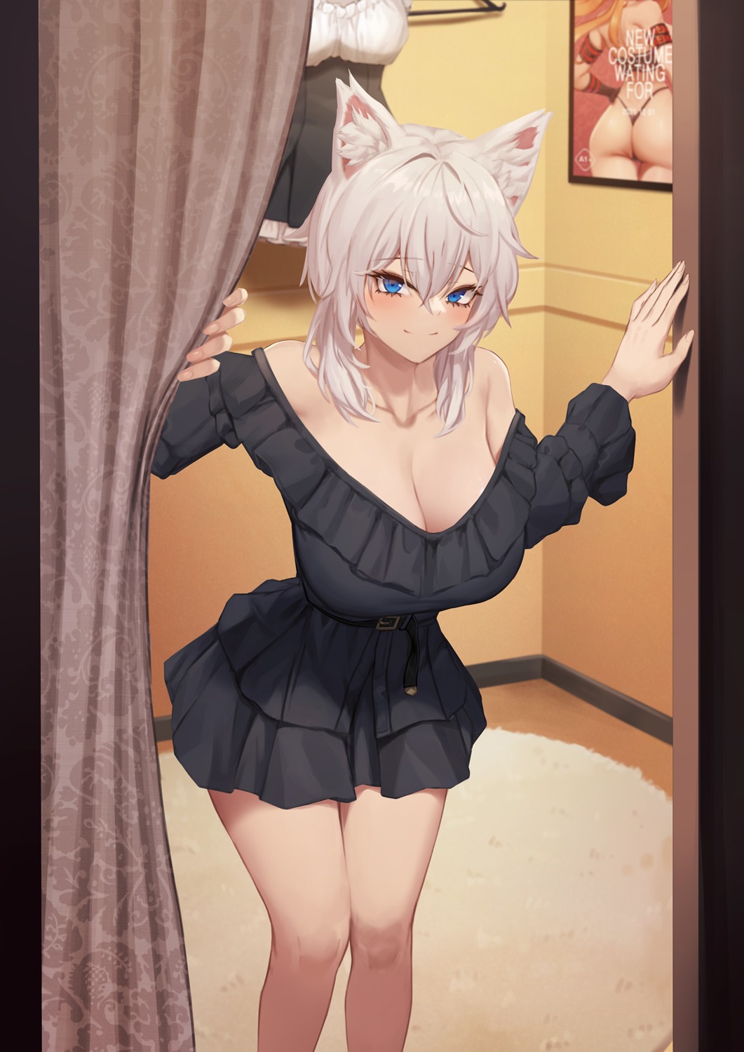 animal_ears, charlene, daydream_(zhdkffk21), dress, nekomimi, no_bra, open_shirt