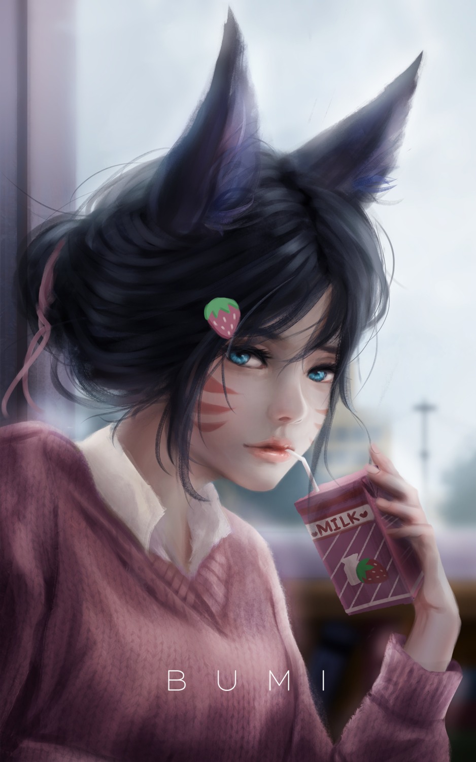 ahri, animal_ears, bumi, kitsune, league_of_legends, seifuku, sweater