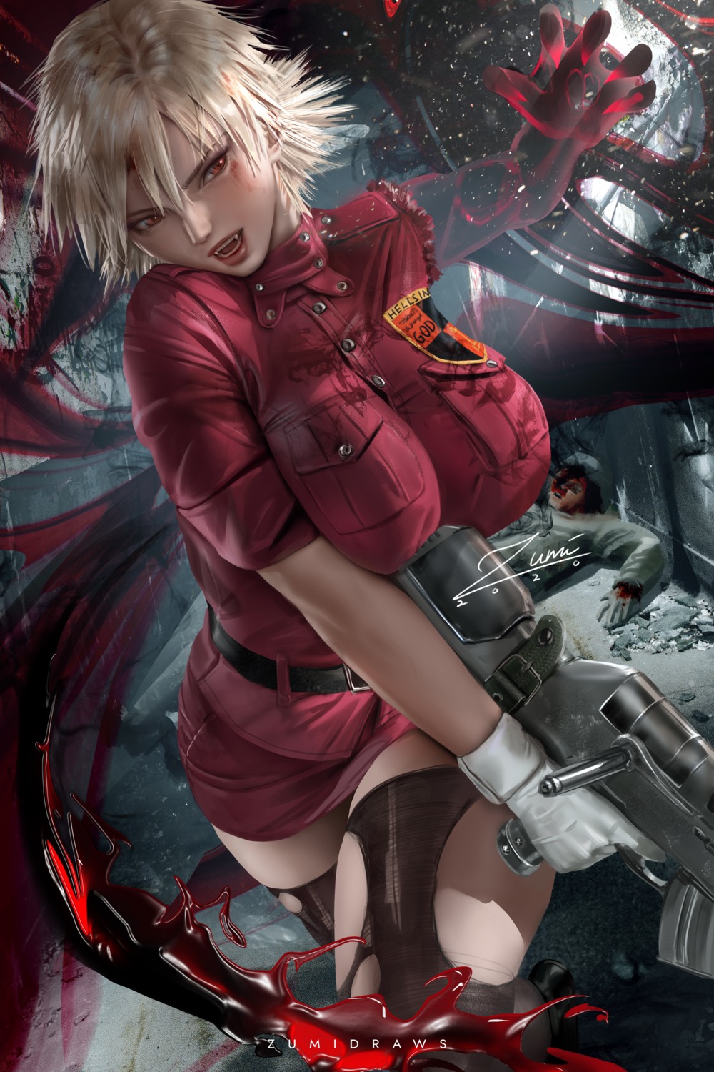 blood, gun, hellsing, seras_victoria, skirt_lift, thighhighs, torn_clothes, zumi_(zumidraws)
