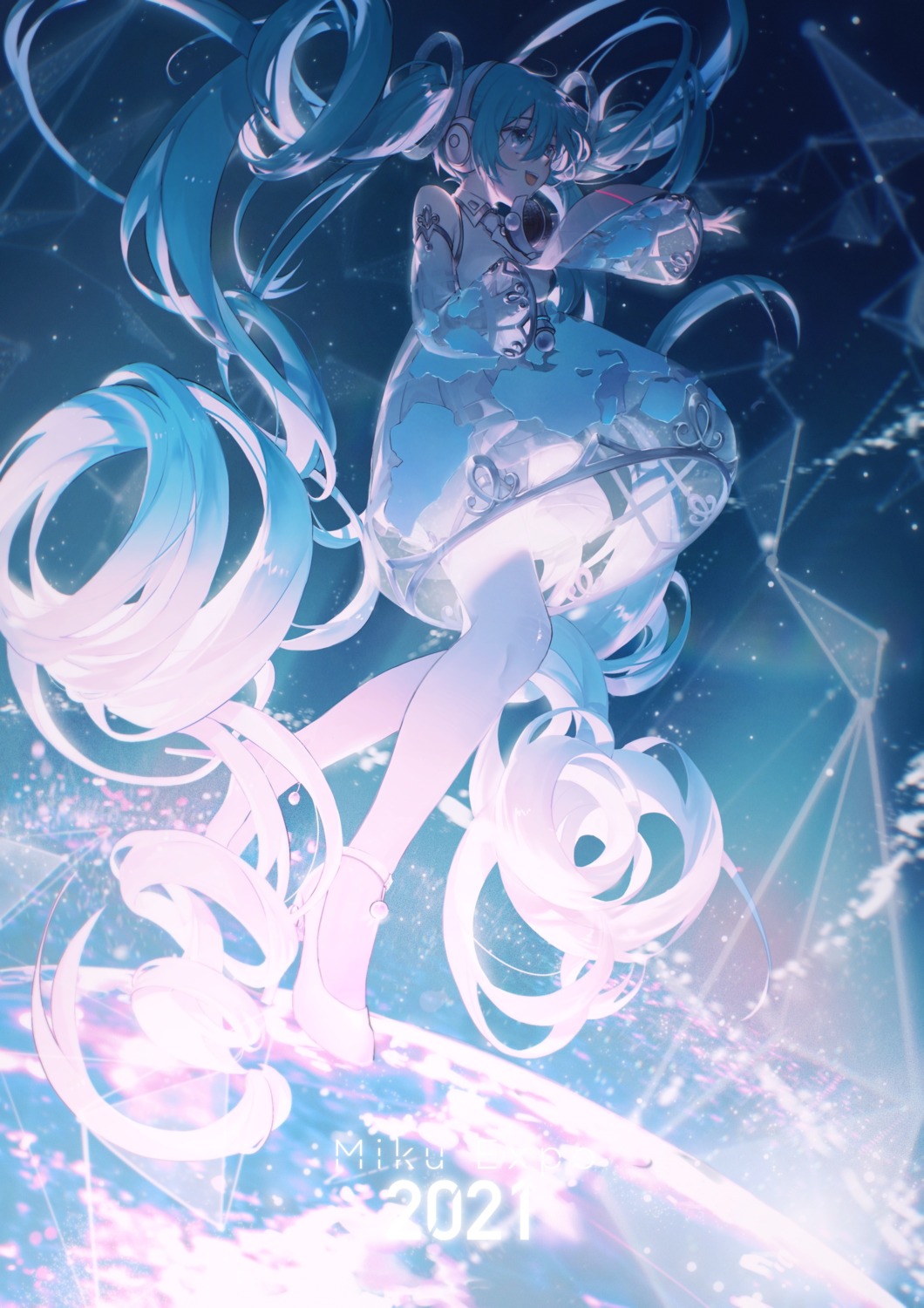 dress, hatsune_miku, hatsune_miku_expo, headphones, heels, konya_karasue, see_through, thighhighs