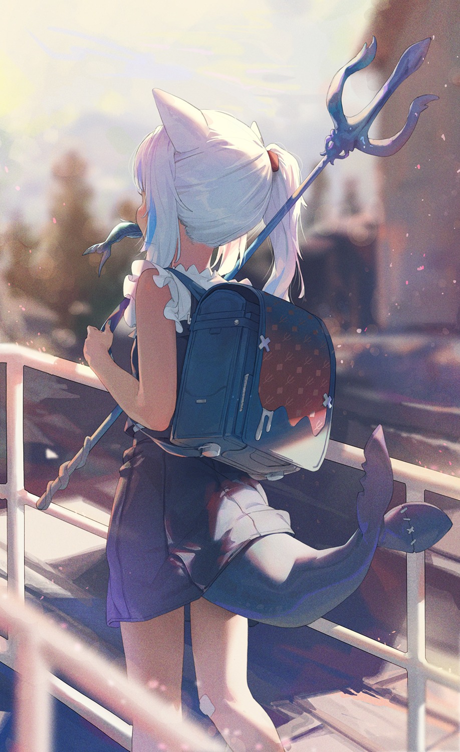 animal_ears, bandaid, gawr_gura, hololive, hololive_english, nekomimi, tail, weapon, wonchun