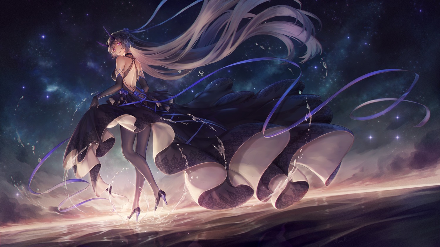 benghuai_xueyuan, dress, heels, honkai_impact, horns, no_bra, pantyhose, raiden_mei