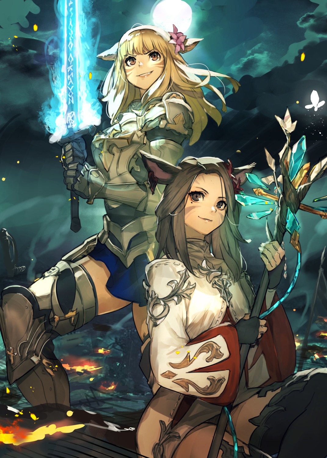 animal_ears, armor, final_fantasy, final_fantasy_xiv, hide_(hideout), miqo'te, sword, tail