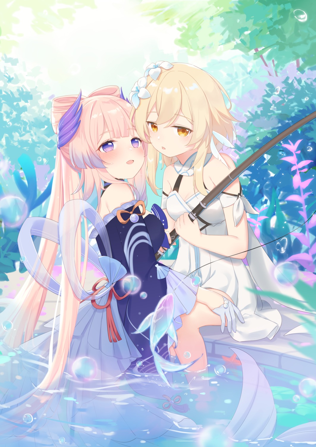 cleavage, dress, fufumi, genshin_impact, lumine, sangonomiya_kokomi, wet, yuri