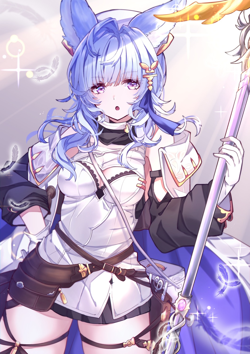 animal_ears, cleavage, garter, stockings, thighhighs, weapon, yoake