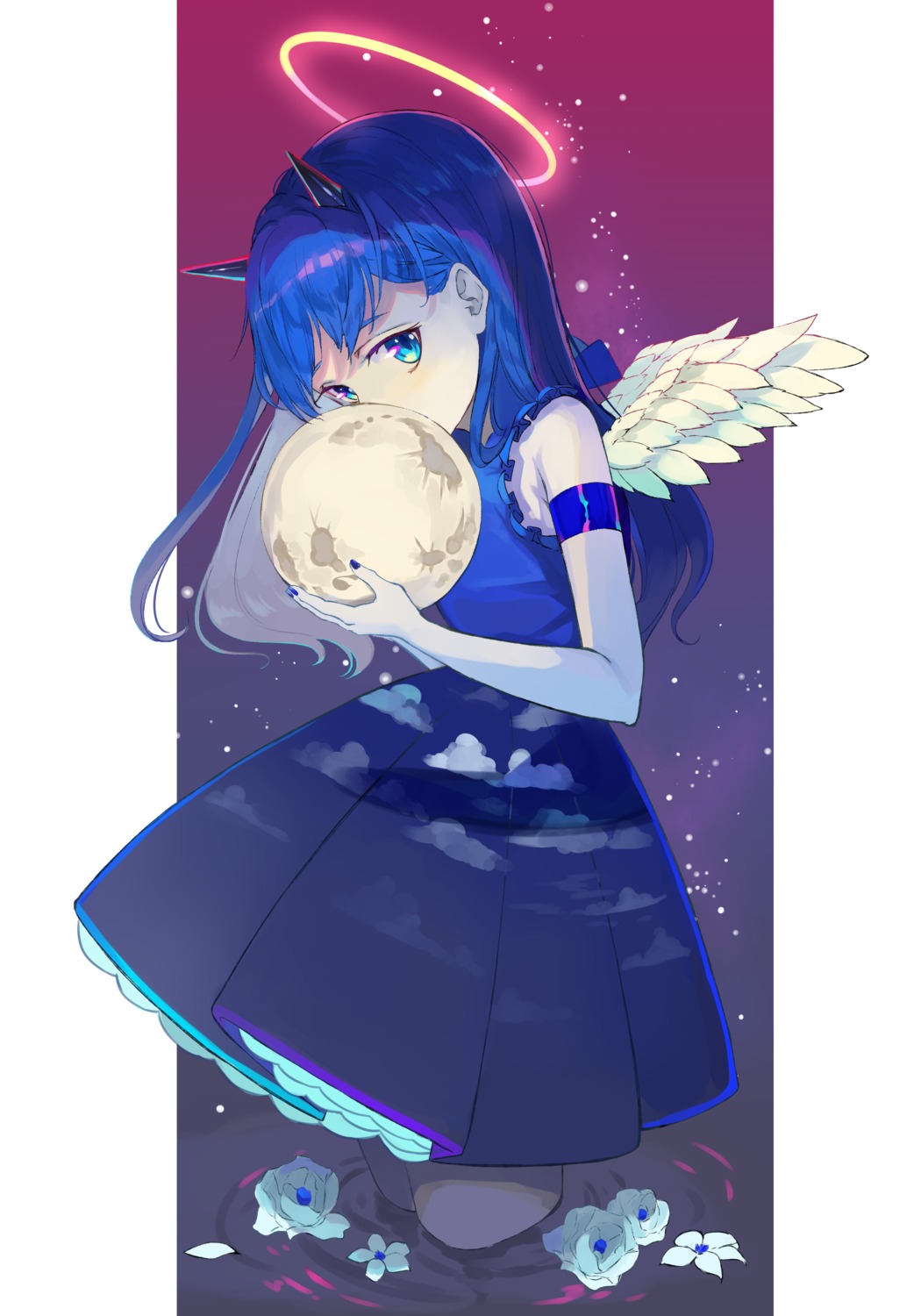 angel, dadada, dress, horns, thighhighs, wet, wings