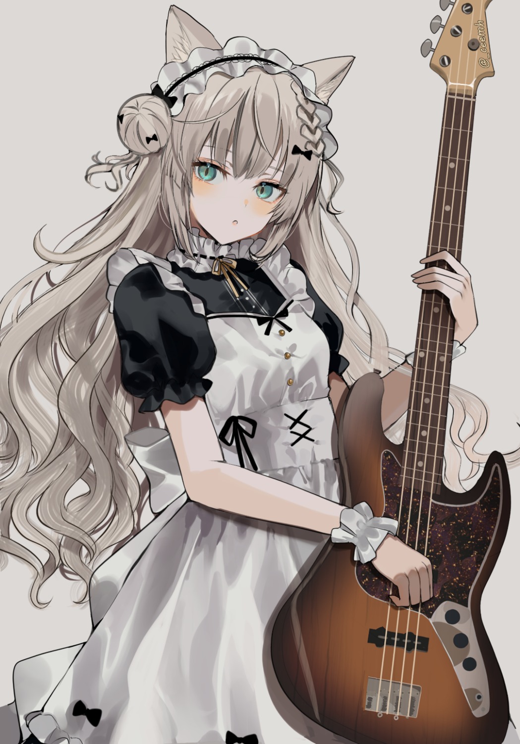animal_ears, chiemo_(xcem), guitar, maid, nekomimi