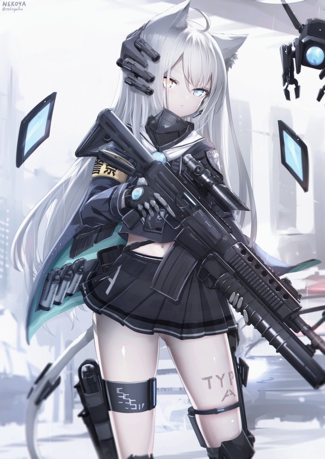 animal_ears, awp_(girls_frontline), garter, girls_frontline, gun, heterochromia, nekoya_(liu), tail