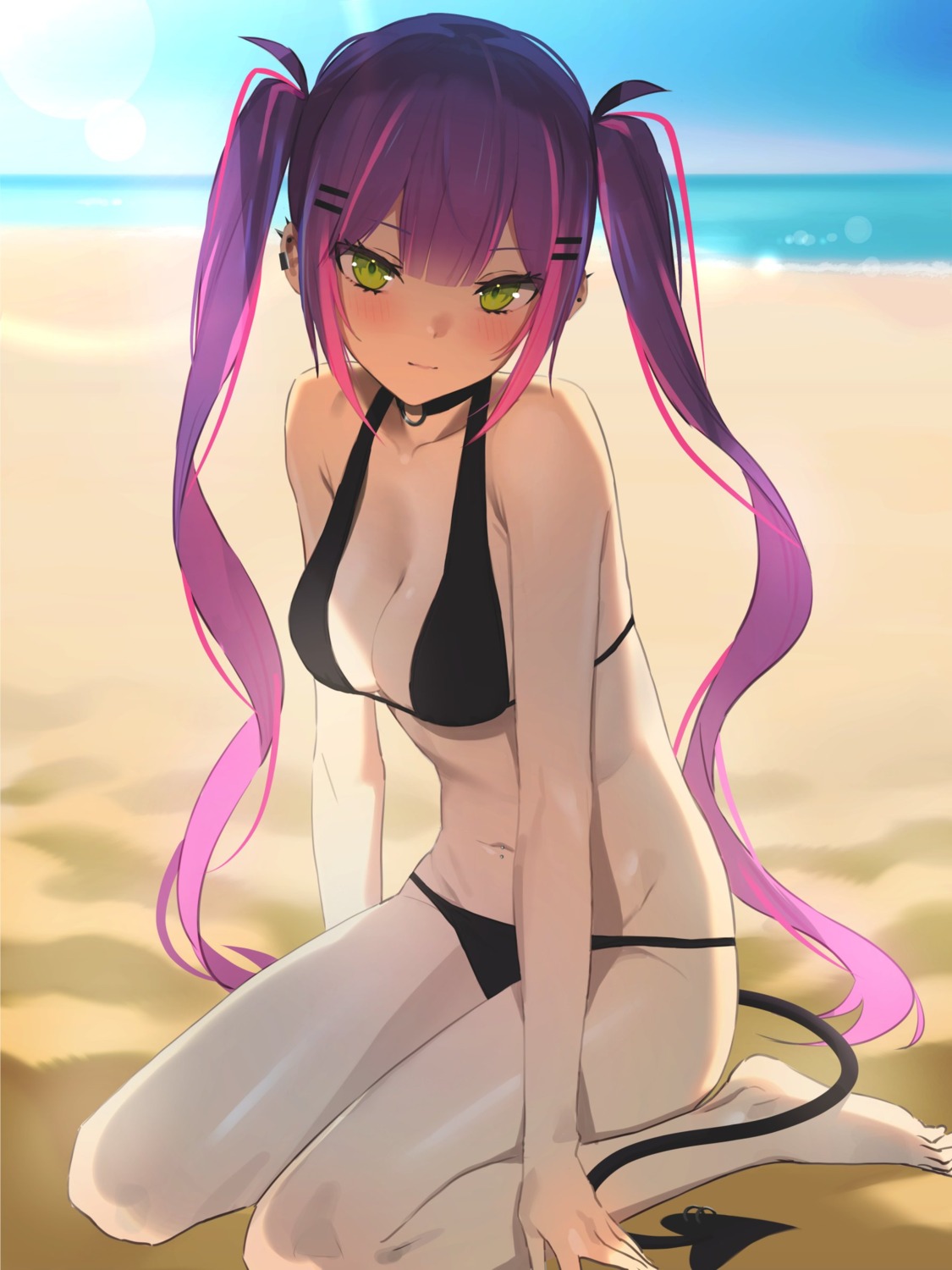 bikini, cleavage, hololive, logknn, pointy_ears, swimsuits, tail, tokoyami_towa