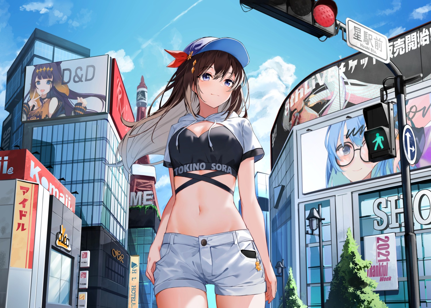 cleavage, crossover, hololive, hololive_english, hoshimachi_suisei, isaya_(pixiv4541633), megane, ninomae_ina'nis