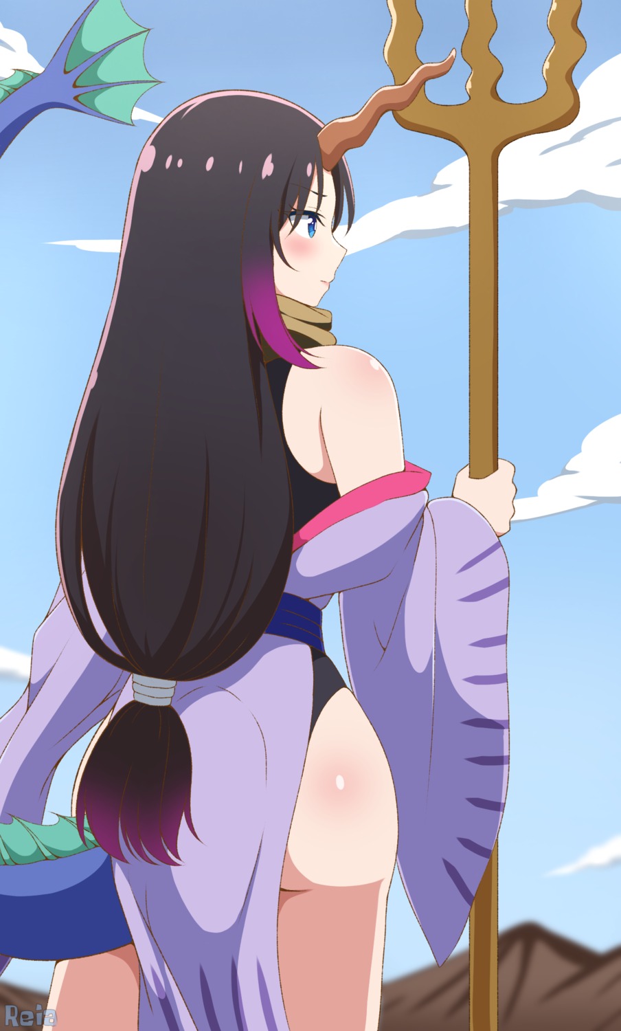 ass, elma_(maidragon), horns, japanese_clothes, kobayashi-san_chi_no_maidragon, leotard, tagme, tail