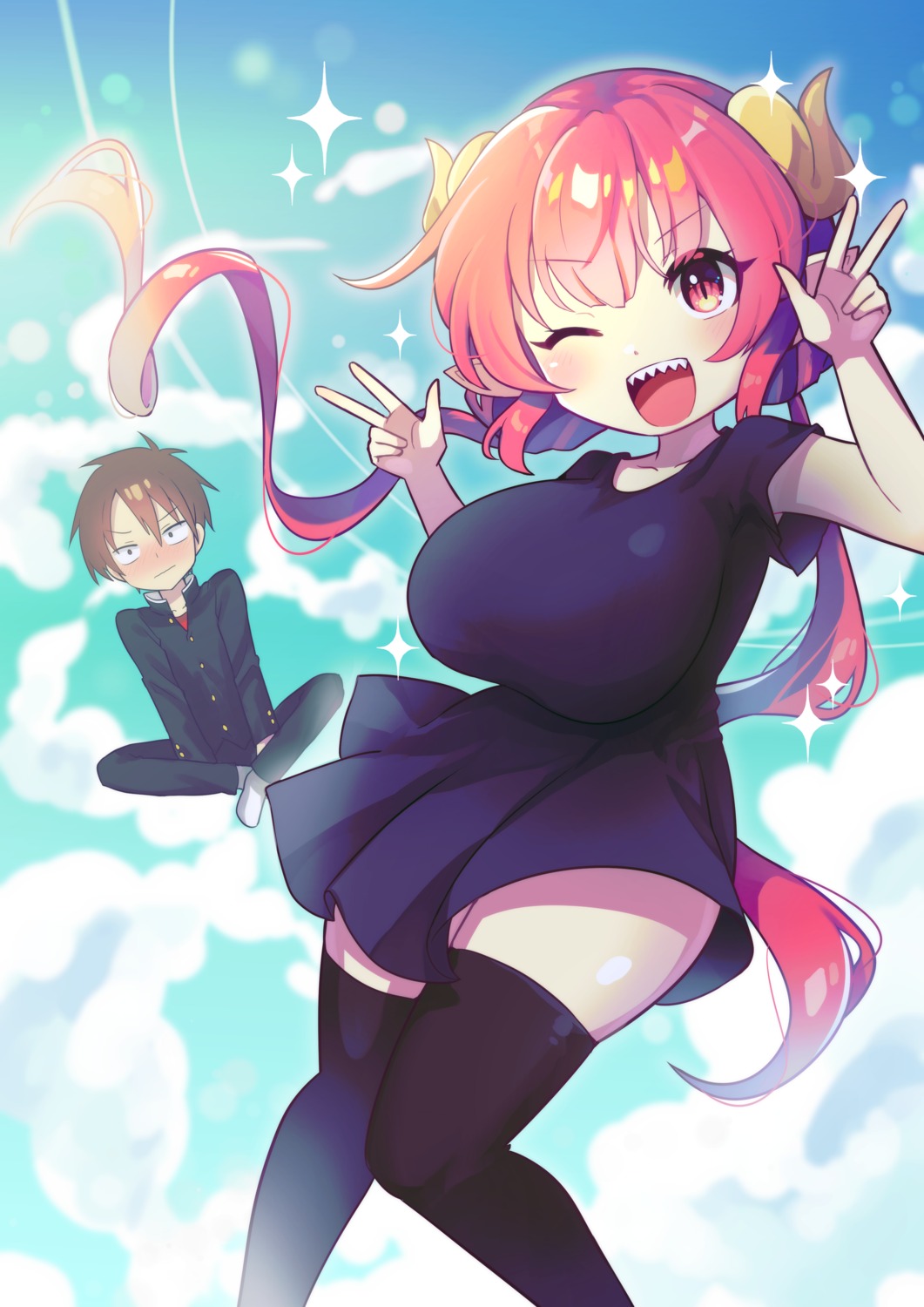 dress, horns, ilulu, kobayashi-san_chi_no_maidragon, offbeatrh, pointy_ears, seifuku, skirt_lift, thighhighs