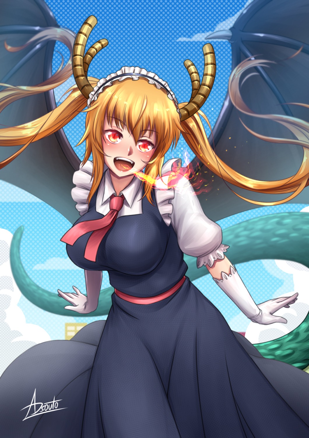adsouto, horns, kobayashi-san_chi_no_maidragon, maid, tail, tooru_(maidragon), wings