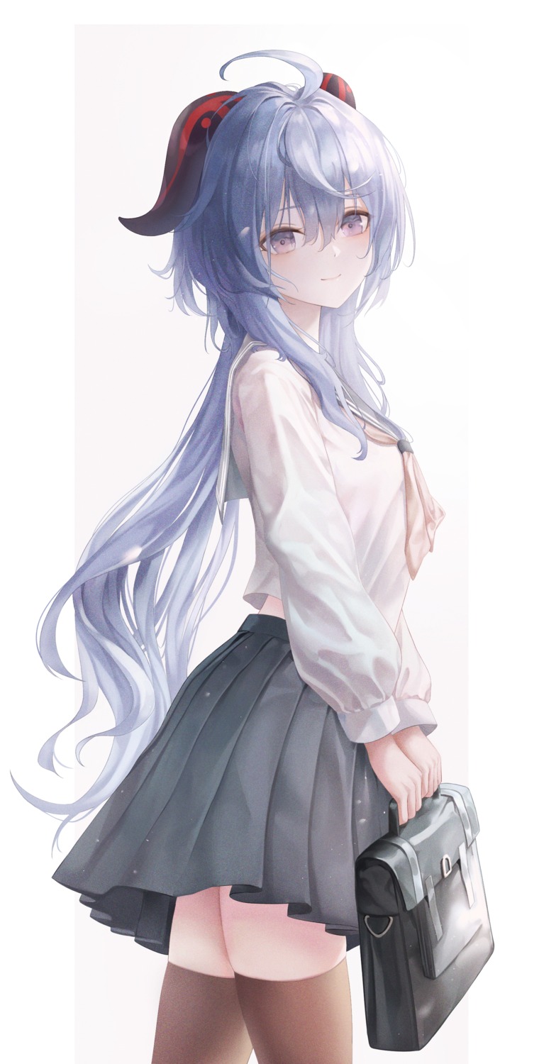 ganyu, genshin_impact, horns, rable, seifuku, skirt_lift, thighhighs