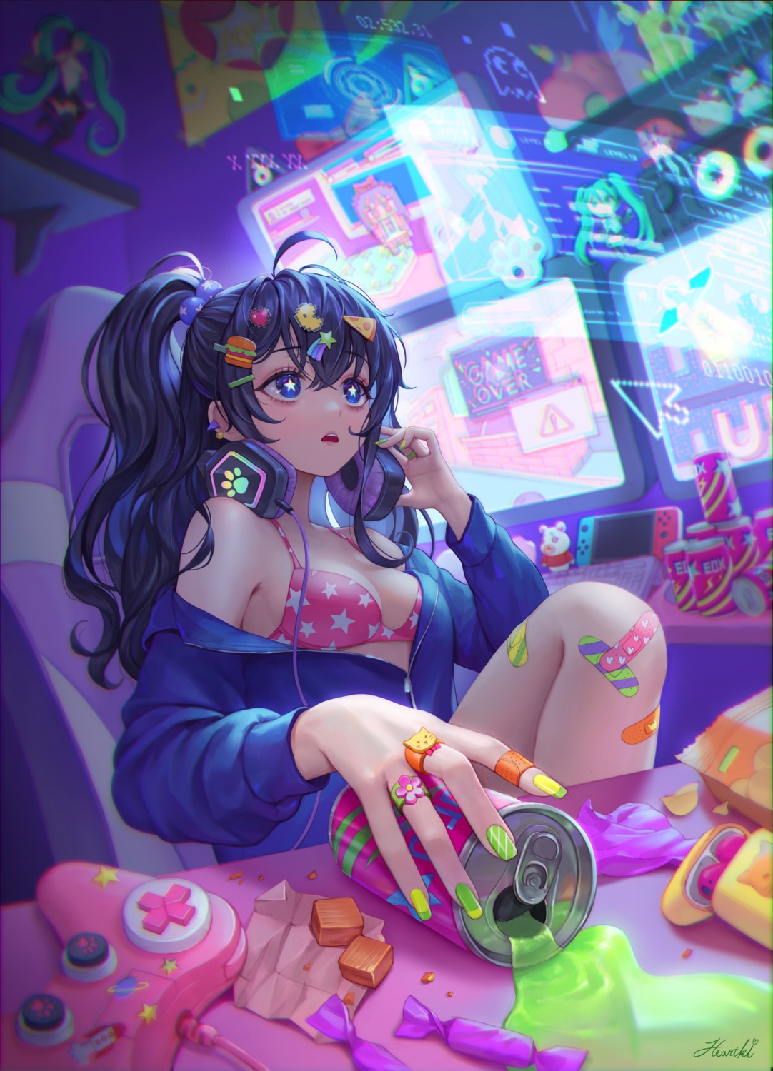 bandaid, bikini_top, headphones, heartki, open_shirt, swimsuits