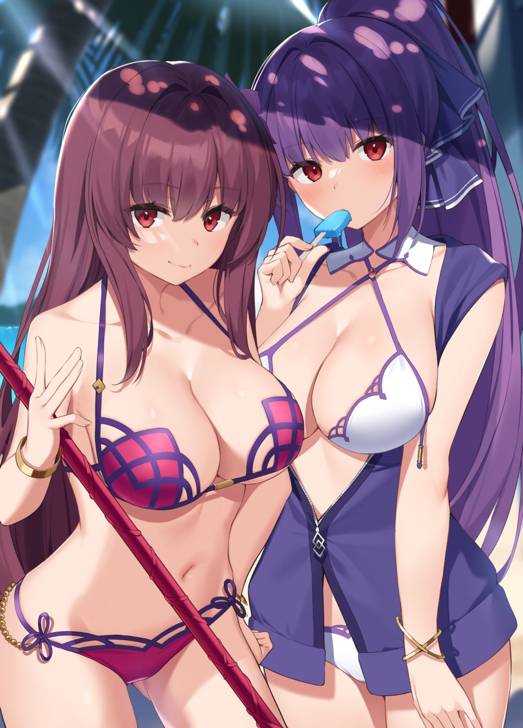 bikini, fate/grand_order, open_shirt, scathach_(fate), scathach_skadi, suiroh, swimsuits, weapon