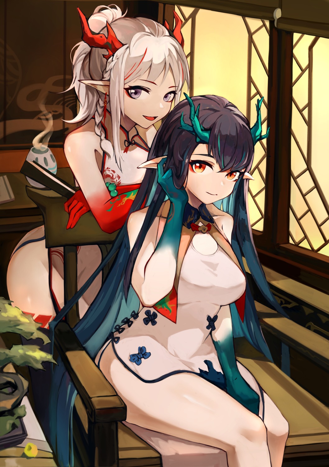 arknights, chinadress, clearhand, dusk_(arknights), horns, nian_(arknights), pointy_ears, tattoo