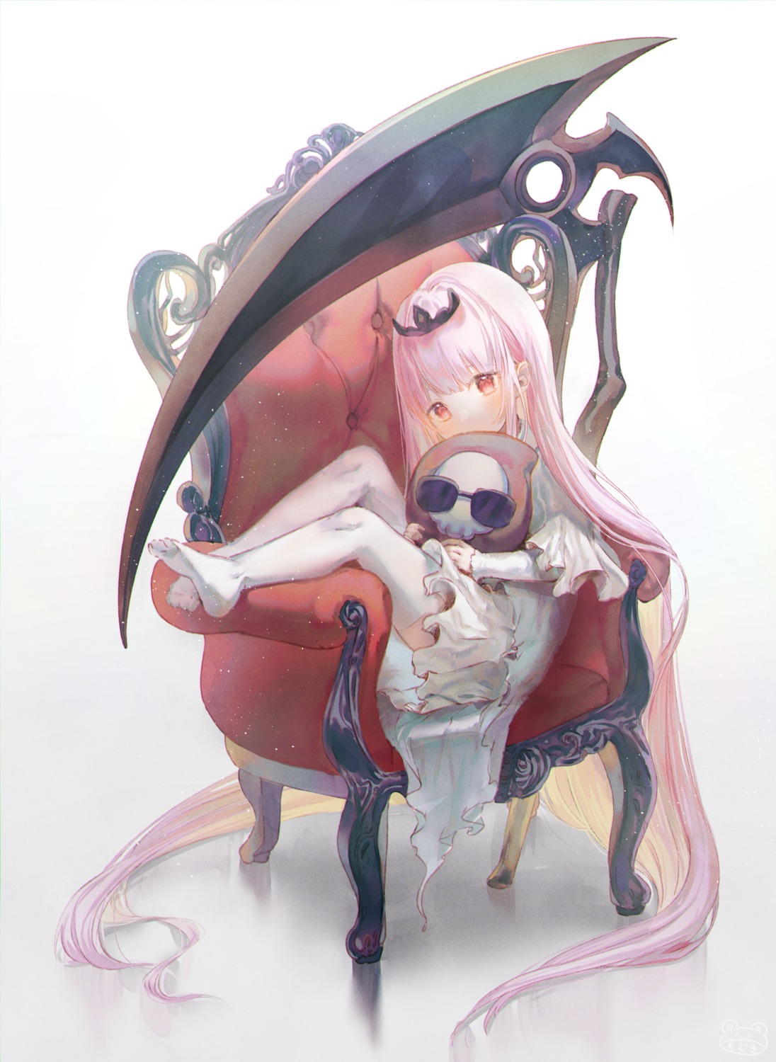 feet, hololive, hololive_english, modoki_kuma, mori_calliope, skirt_lift, thighhighs, weapon