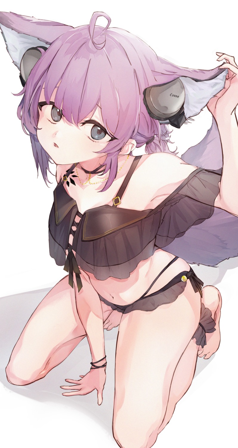 animal_ears, arknights, bikini, headphones, midu5, see_through, sussurro_(arknights), swimsuits, tail