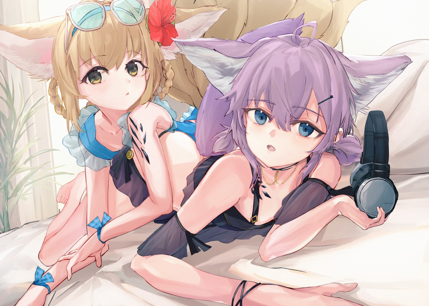 animal_ears, arknights, headphones, kitsune, megane, midu5, no_bra, sussurro_(arknights), suzuran_(arknights), tail