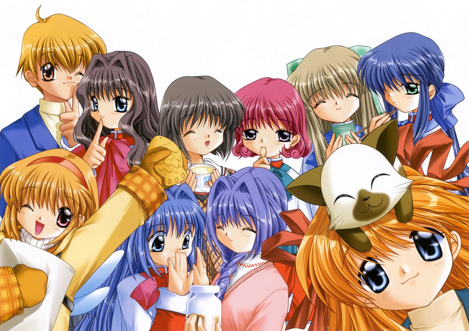 amano_mishio, hinoue_itaru, kanon, kawasumi_mai, key, kitagawa_jun, kurata_sayuri, minase_akiko, minase_nayuki, misaka_kaori, misaka_shiori, neko, possible_duplicate, sawatari_makoto, seifuku, sweater, tsukimiya_ayu, wings