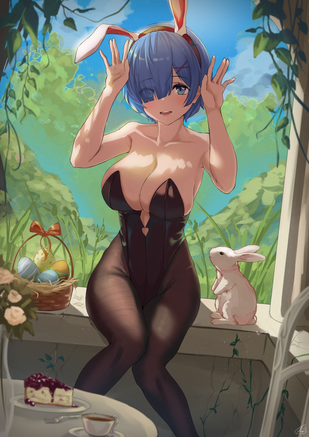 animal_ears, bunny_ears, bunny_girl, nev_(nevblindarts), no_bra, pantyhose, re:zero_kara_hajimeru_isekai_seikatsu, rem_(re_zero)