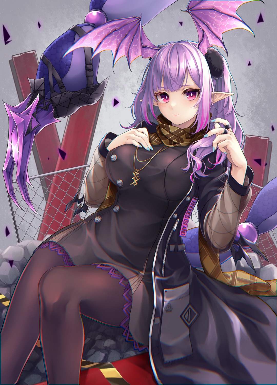 arknights, dress, manticore_(arknights), namec0, pantyhose, pointy_ears, tail, wings