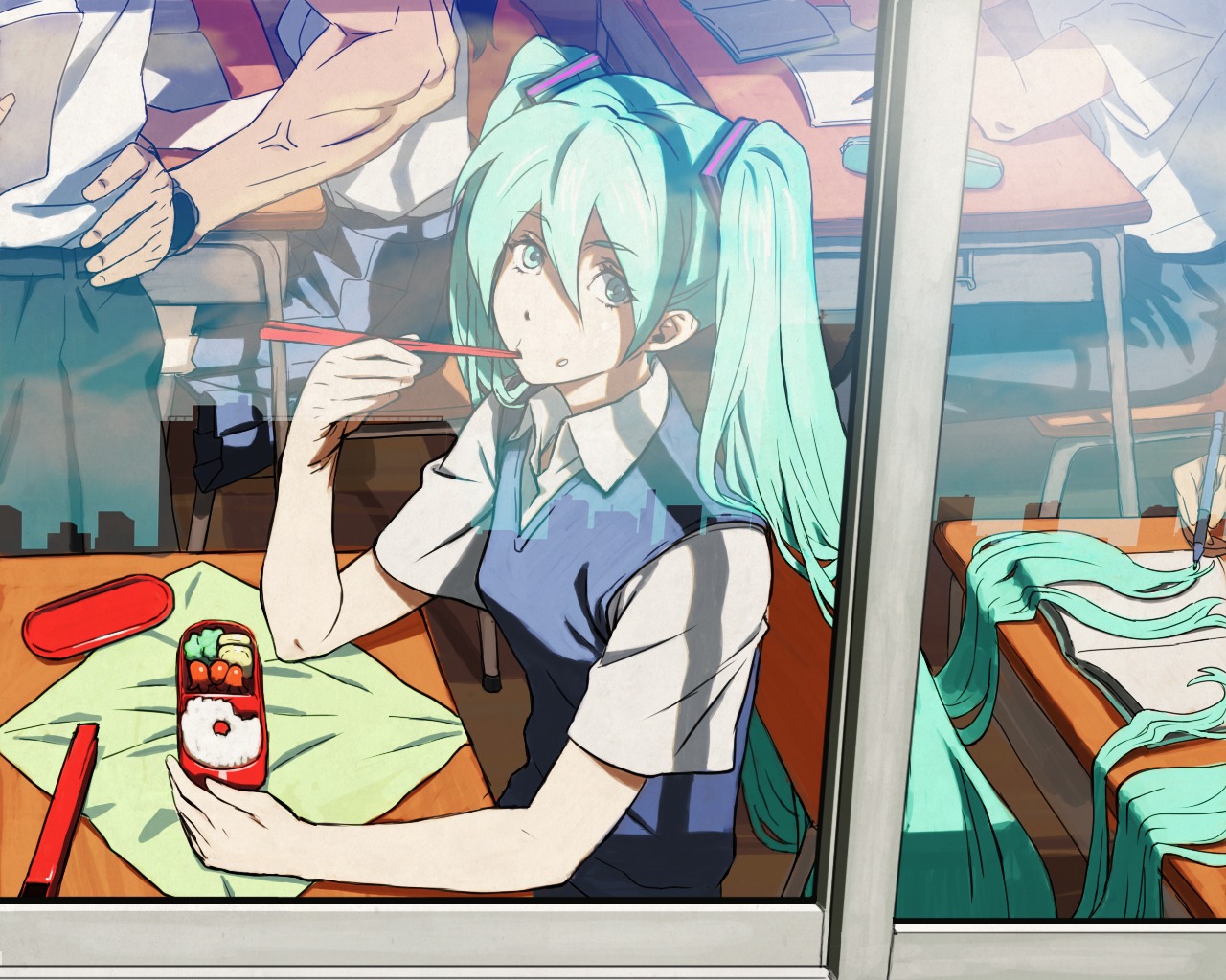 hatsune_miku, seifuku, vocaloid, wallpaper, yosshii